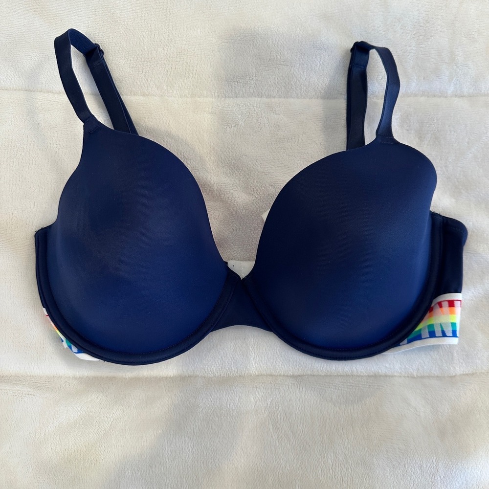 Victoria's Secret PINK Navy Rainbow Logo Band Push Up Bra Size 34DD‎
